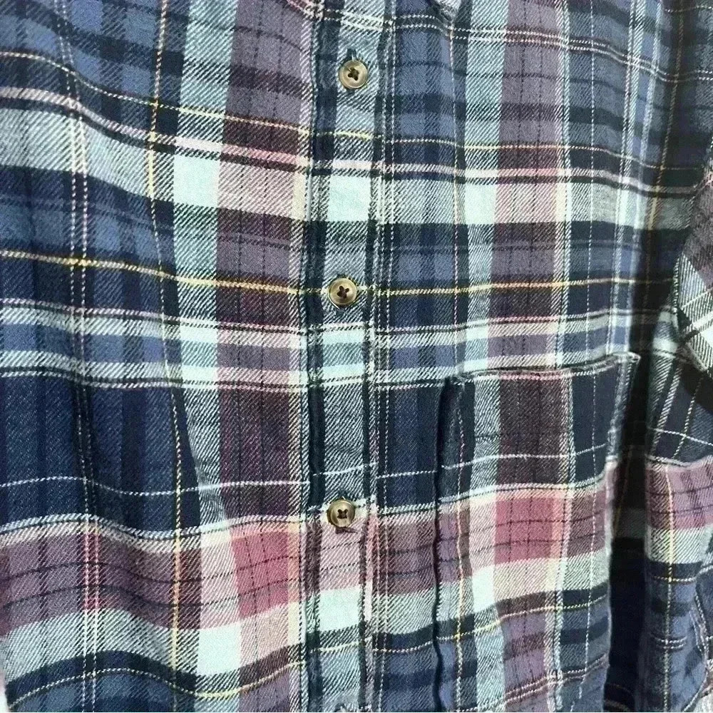 AERIE Pink Navy Blue Button Up Long Sleeve Flannel | size small - Picture 2 of 7